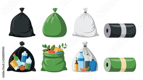 Foto Trash bags set illustration, different waste type garbage bags and rolled liners