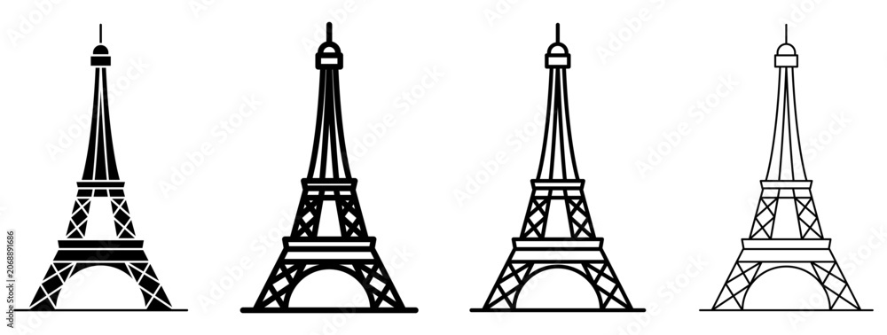 Fototapeta premium Set of Eiffel Tower icons, symbols for Paris, architecture, and tourism. Vector illustration