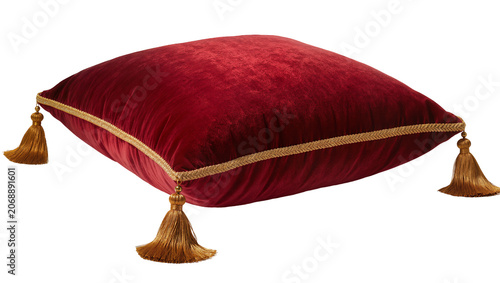 Foto Rich red velvet cushion with gold trim and tassels, isolated on transparent back