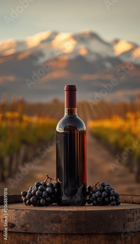 Red wine bottle and fresh dark grapes on a rustic barrel, with a vineyard and majestic snow-capped mountains