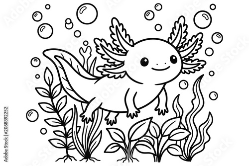 Cute axolotl swimming underwater with bubbles and aquatic plants coloring page underwater coloring illustration.