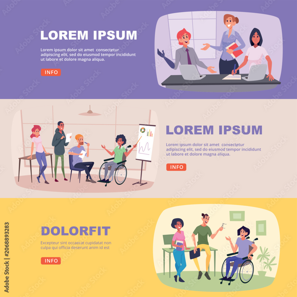 Naklejka premium Disability support. Vector illustration shows inclusive teamwork accessibility and assistance for people with disabilities in daily life