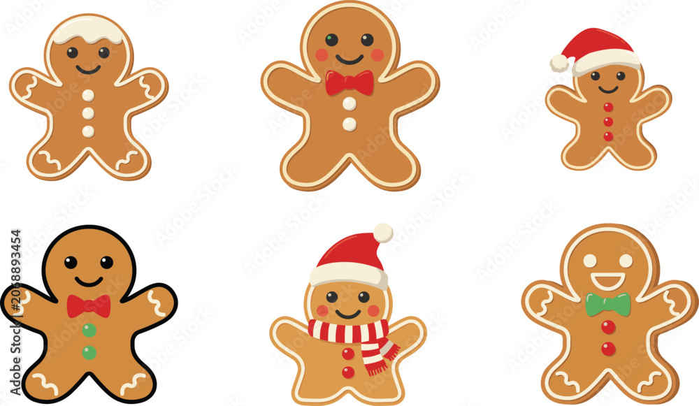 Fototapeta premium Gingerbread man cookies set. Cute Christmas holiday biscuit character collection. Isolated winter sweet elements. Flat cartoon vector illustrations.