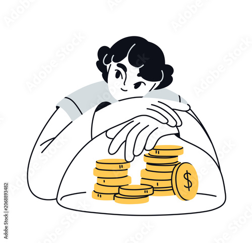 Money savings protection, financial literacy concept. Thrifty frugal person g...
