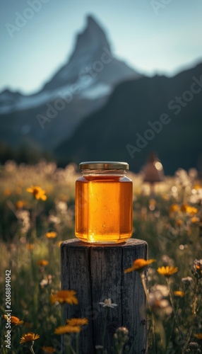 Golden Honey in a Jar on a Wooden Post with a Mountain Landscape in the Background