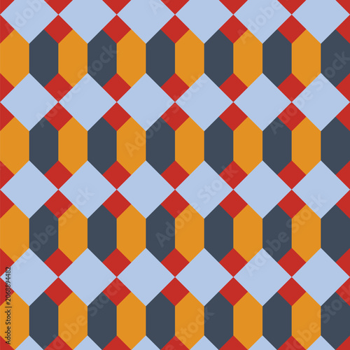 Seamless pattern created from grey-blue and gold irregular hexagons and small red diamonds on a pale blue background