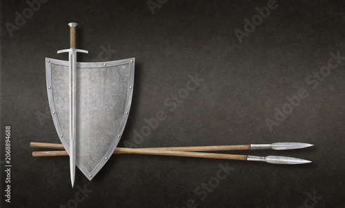 sword shield and two spears on grunge background