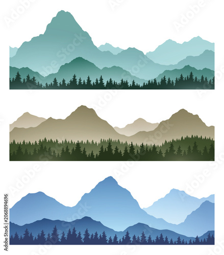 Foggy mountains landscape background set. Smoky and rocky panorama with mountains skyline and pine tree forest silhouettes. Scenery with slopes, vector cartoon illustration