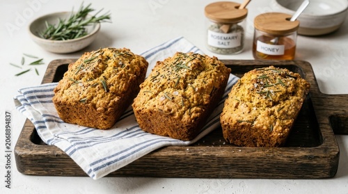 Golden Rosemary Loaves Freshly Baked on a Rustic Wooden Platter