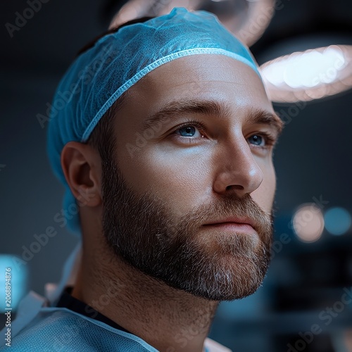 A focused male surgeon in scrubs and a surgical cap prepares for an operation in a dimly lit, high-tech medical environment.