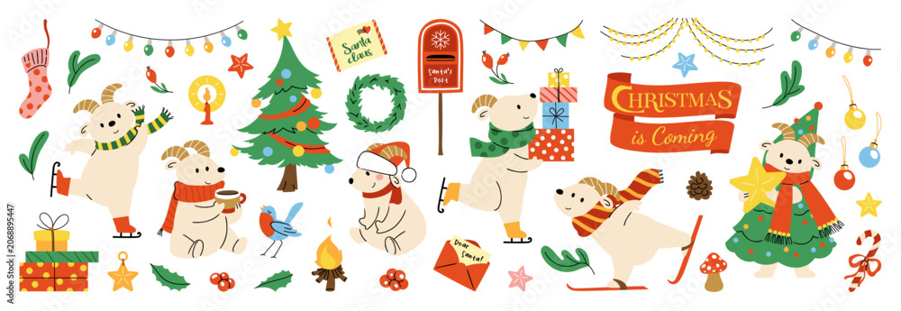 Fototapeta premium Cute goat Christmas and New Year vector set. Kawaii goat characters with festive holiday items, Christmas tree, decorative string lights, gifts, ornaments and happy celebration elements.