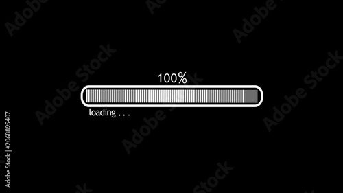 Loading bar at 100 percent and loading text showing progress and waiting in a digital interface animation