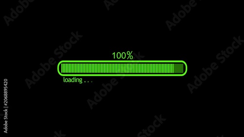 Loading bar at 100 percent and loading text showing progress and waiting in a digital interface animation