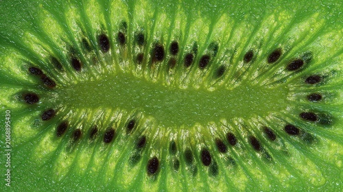 Macro close-up of fresh green kiwi fruit slice with black seeds