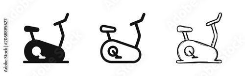 Fotografie Set of stationary exercise bike icons in solid, outline, and sketch styles