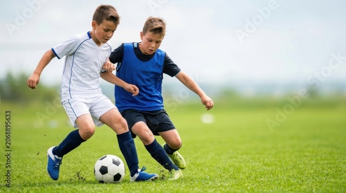 Two Young Boys Playing Soccer on a Grassy Field During a Competitive Match