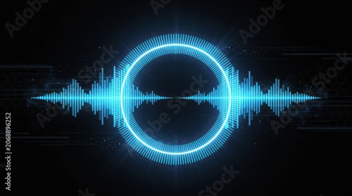 A glowing blue circular soundwave pattern with digital elements on a dark background, representing audio or technology visualization.