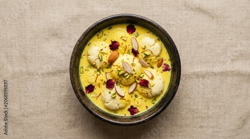 Delicious Indian Rasmalai dessert with saffron, cardamom, nuts, and rose petals in a bowl