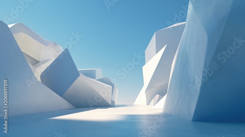 Futuristic Abstract Geometric Landscape with Soft Light and Blue Sky.