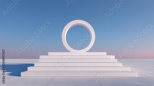 Minimalist White Stage with Circular Arch and Steps Against Blue Sky