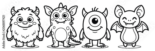 Cute cartoon monster characters set collection for kids coloring book line art with creature coloring character.