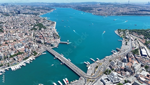 Tablou pe pânză Aerial view of the turquoise Bosphorus and bridges, featuring a unique Istanbul cityscape on a summer day (D-Log unprocessed footage)