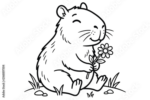 Cute capybara character sitting and holding a flower coloring page illustration with capybara character .coloring