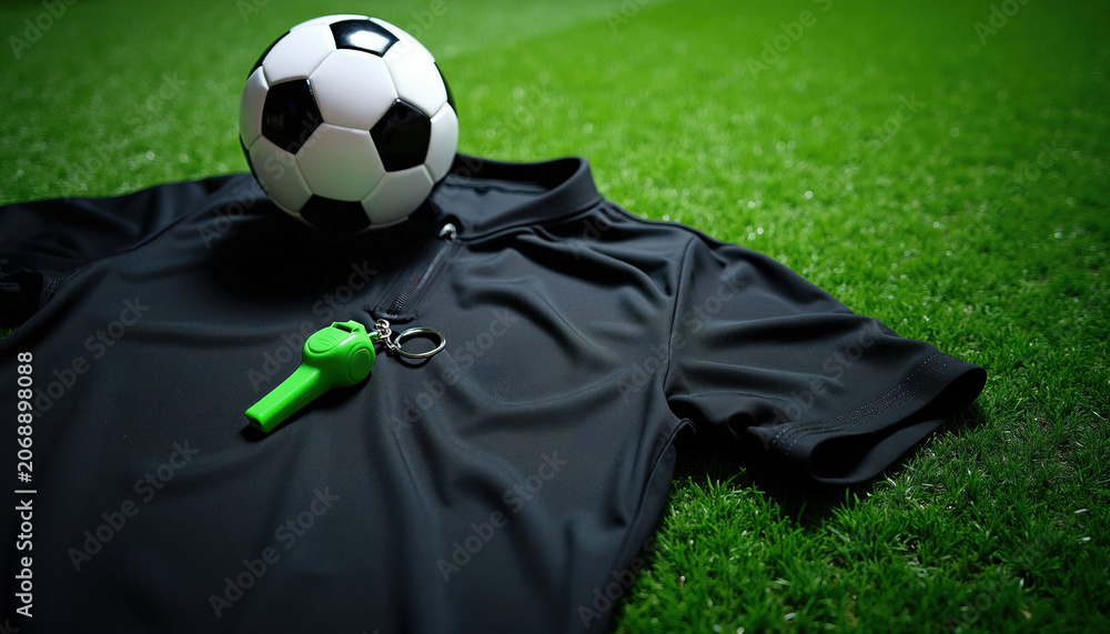 Naklejka premium Soccer ball sits on black referee shirt with green whistle on grass field. Official sports gear for match. Preparation for game starts on green turf.