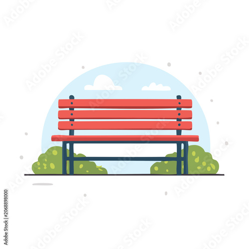 Red park bench with bushes and sky background
