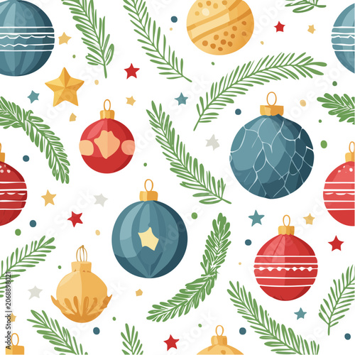 Seamless Christmas ornament and pine branch pattern