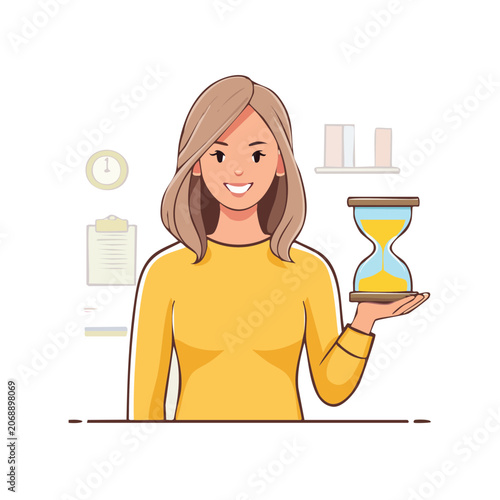 Woman holding hourglass in flat illustration style