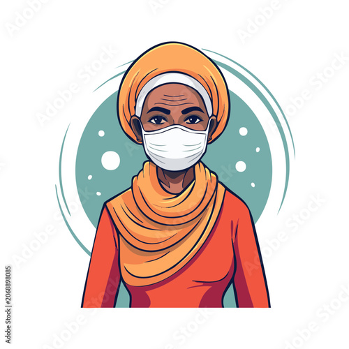Woman in headscarf wearing protective face mask illustration