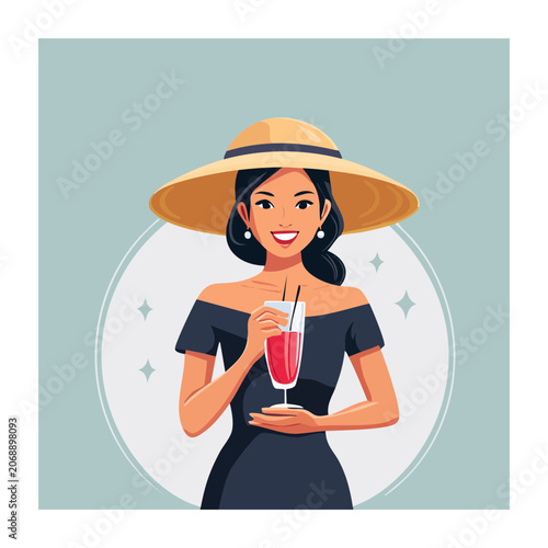Woman in hat holding cocktail glass illustration