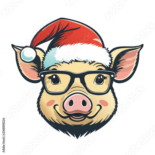 Cartoon pig wearing Santa hat and glasses