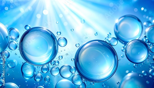 Close up of blue oil bubbles and small emulsions floating in a blue liquid.
