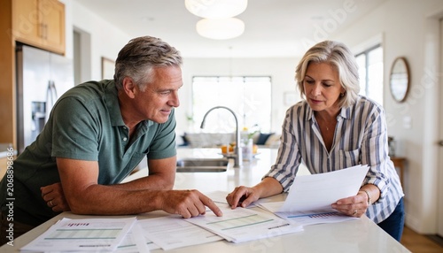 Mature couple reviewing financial documents together in a bright modern kitchen, planning for retirement and managing household budget for future security