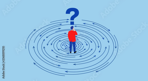 Foto Confused man, question mark, swirling maze, uncertainty concept, vector illustra