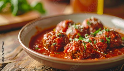 Italian meatballs in tomato sauce, rustic family-style table setting, cozy kitchen atmosphere, warm cinematic lighting
