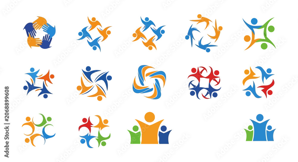 Fototapeta premium Partnership, teamwork, icon set, 16 colorful symbols, business collaboration graphics, vector illustrations