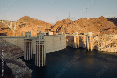 Hoover Dam and desert canyon in evening light