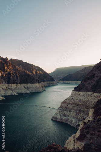 Narrow view of Lake Mead between desert canyon walls