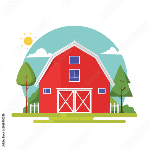 Red barn with trees and fence in flat illustration style