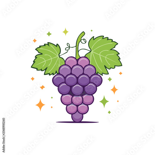 Purple Grape Cluster with Green Leaves Vector Illustration