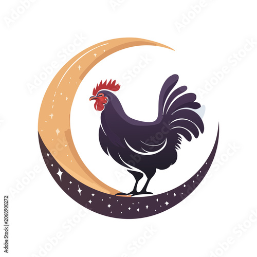 Rooster and Crescent Moon Vector Illustration