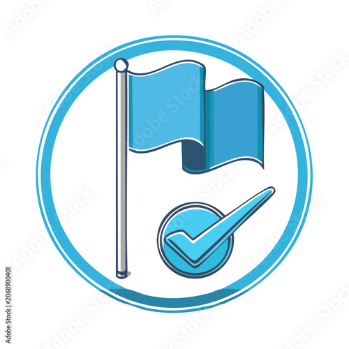 Blue flag and checkmark icon in circular frame