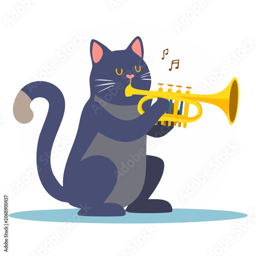 Cartoon cat playing a yellow trumpet