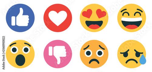 Tableau sur toile Emoji reaction icons set vector illustration, love, dislike, laugh, cry, sad, wow and heart eyes expressions, social media engagement and chat interface design elements