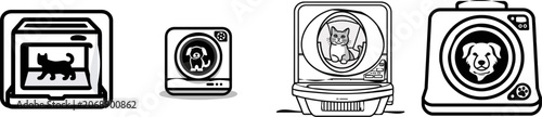 A sleek, black-and-white vector icon of an automated self-cleaning smart pet litter box chamber unit with clean lines and a solid white background, showcasing a cat silhouette inside the open door