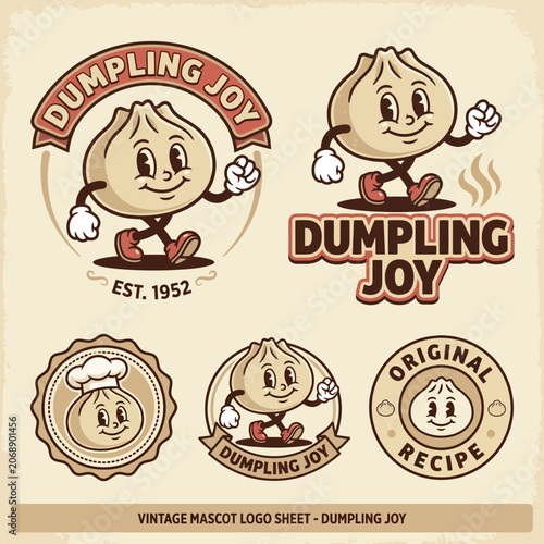 Vintage Dumpling Mascot Logo Set, Retro Cartoon Dim Sum Character Badges, Baozi Restaurant Branding Illustrations