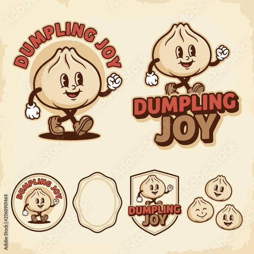 Retro Dumpling Mascot Logo Set, Vintage 1930s Rubber Hose Style Cartoon Characters for Restaurant Branding